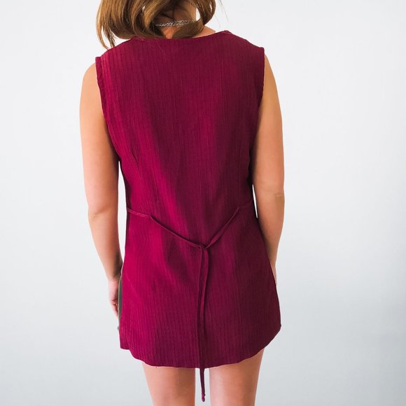 Vintage Maroon Tie Back Button Up Textured Top - M - Picture 3 of 6